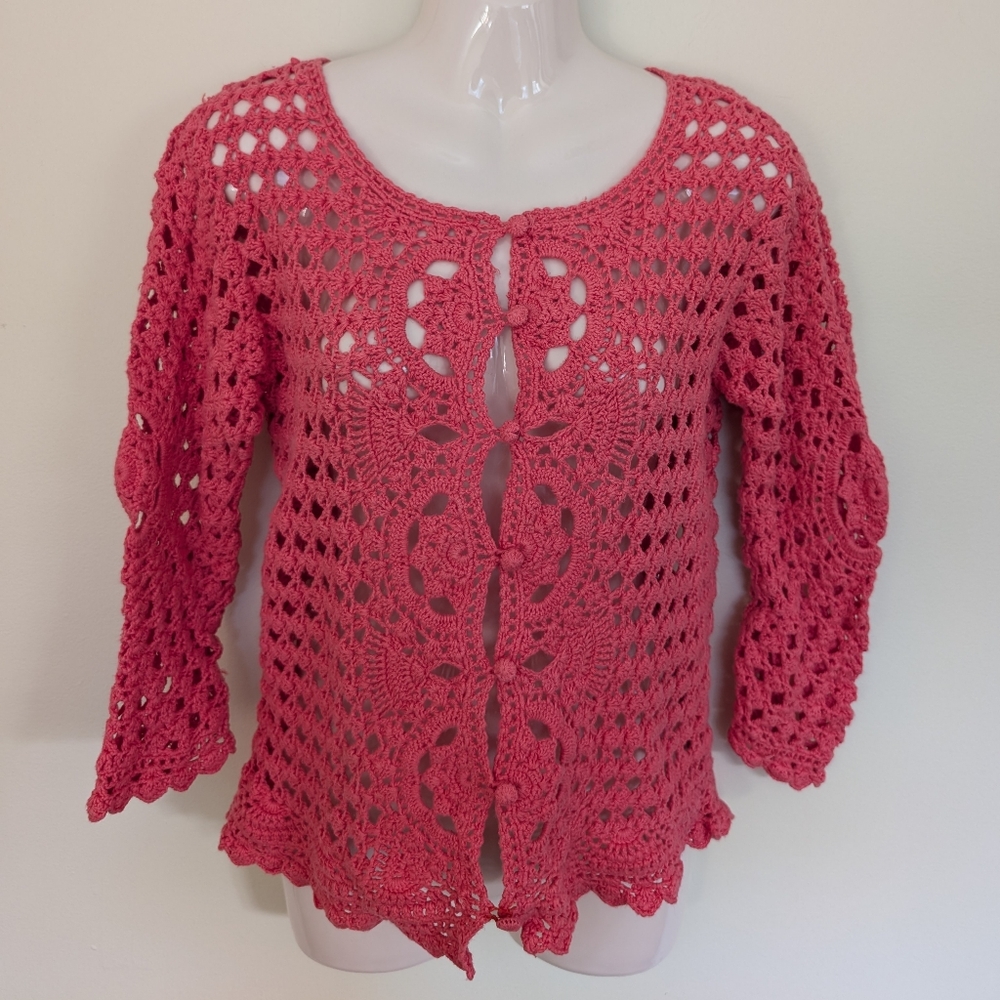 Bob Mackie Linen Cotton Blend Crochet Cardigan Sweater Pink Small